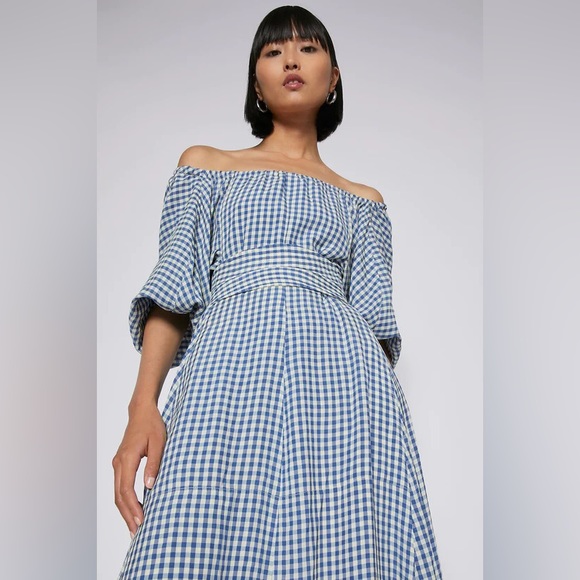 Scanlan Theodore Blue Gingham Off-Shoulder Midi Dress - Picture 3 of 4